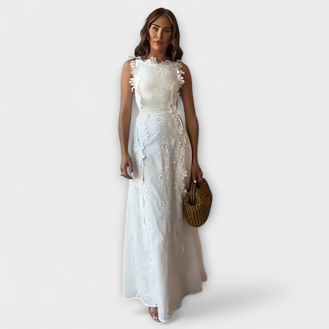 Éliora - Vestido maxi blanco con estampado de flores de encaje