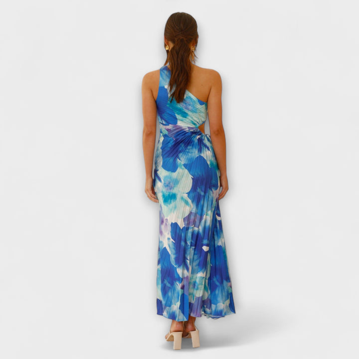 Sienna - Vestido maxí azul con cut-out y estampado de acuarela