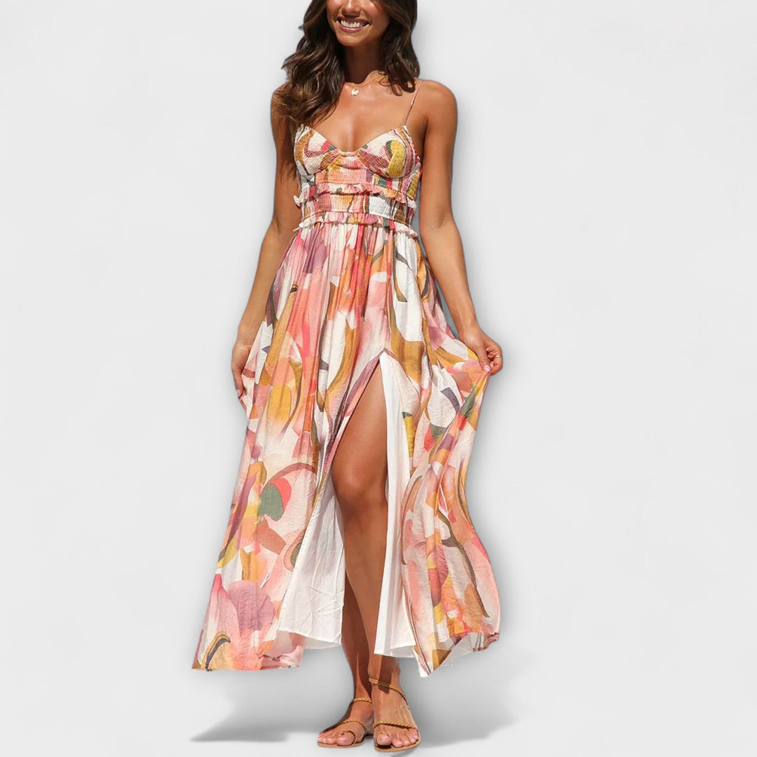 Annalise - Vestido maxi colorido con estampado y abertura