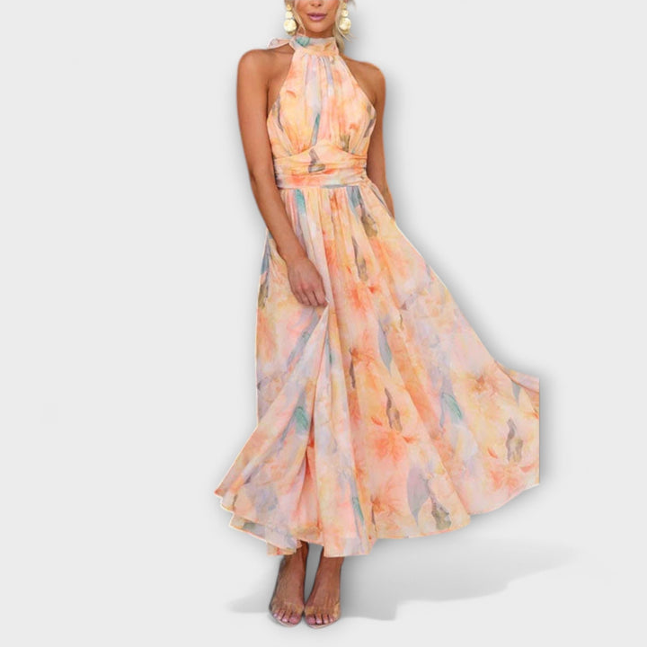 Vestido Maxi de Tirantes Colorido con Estampado Acuarelado y Espalda Descubierta