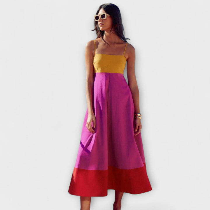 Vestido maxi de bloques de color con tirantes de espagueti