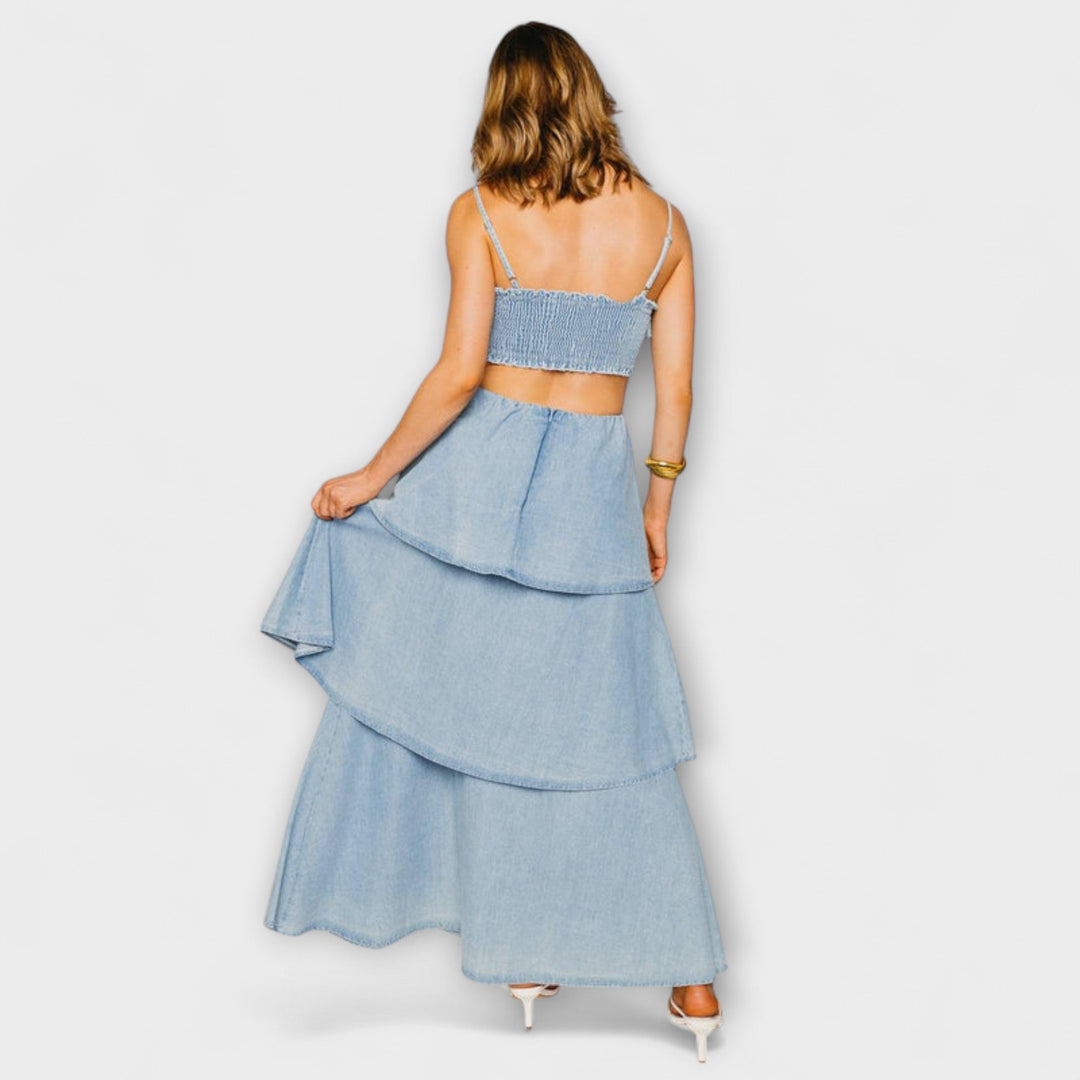 Harmony - Vestido maxi azul claro con drapeado elegante