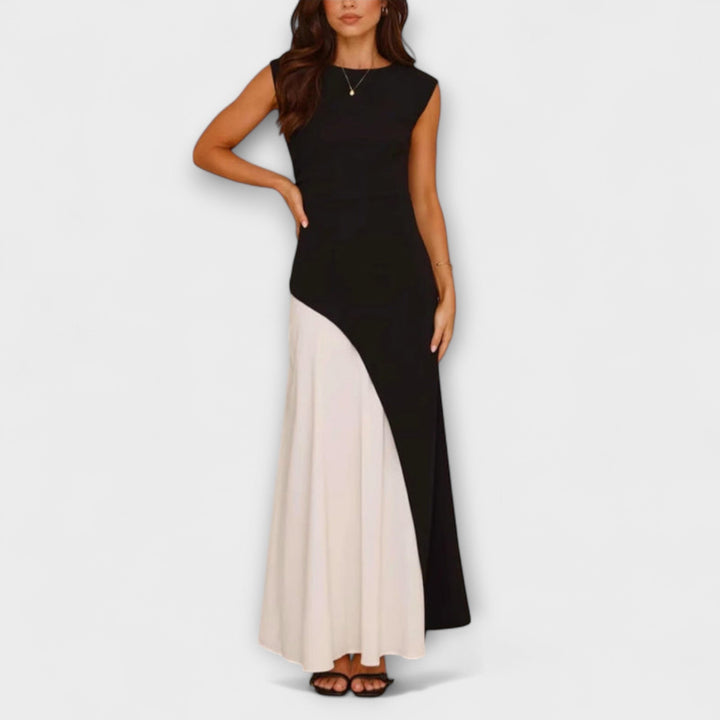 Isabel - Maxivestido negro y crema con bloques de color