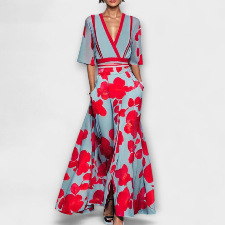 Alea - Vestido colorido con estampado de rosas y escote en V