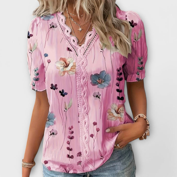 Emily - Blusa rosa con estampado floral y encaje