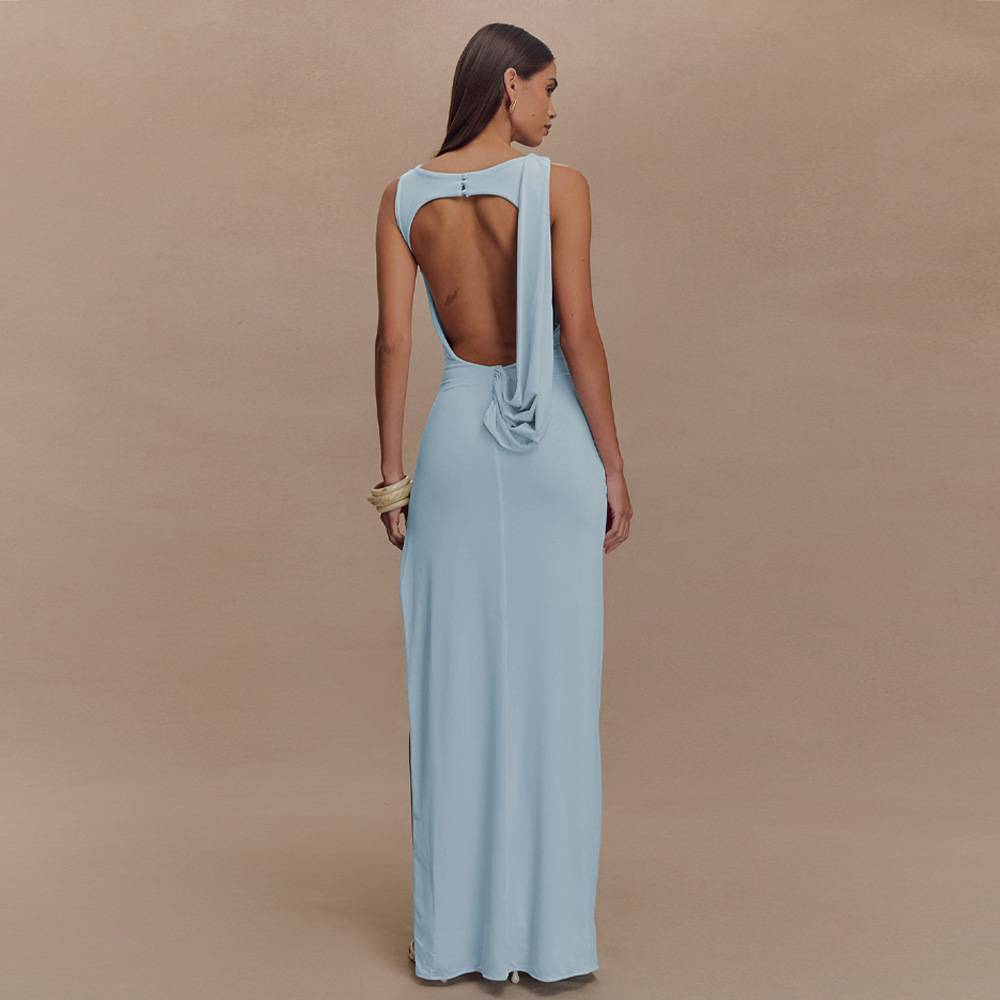 Rieke - Vestido Maxí Beige con Escote Alto en la Pierna
