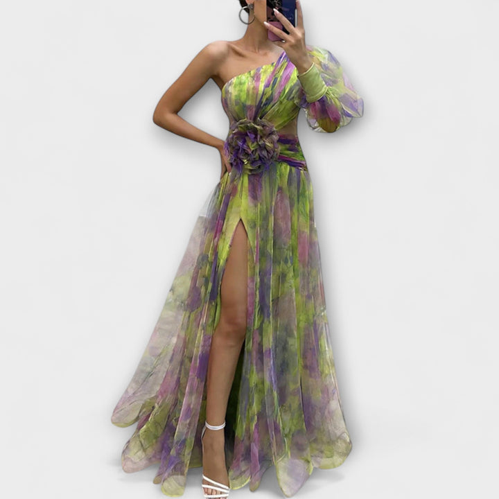 Minna - Vestido maxi asimétrico lila con estampado atractivo