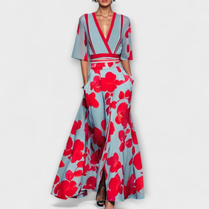 Alea - Vestido colorido con estampado de rosas y escote en V