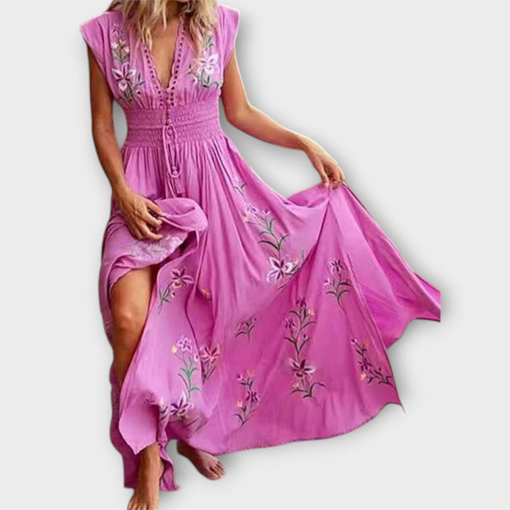 Felizia - Vestido boho rosa con bordados