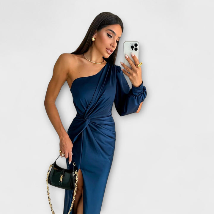 Elisa - Vestido de un solo hombro en color petróleo con fruncidos