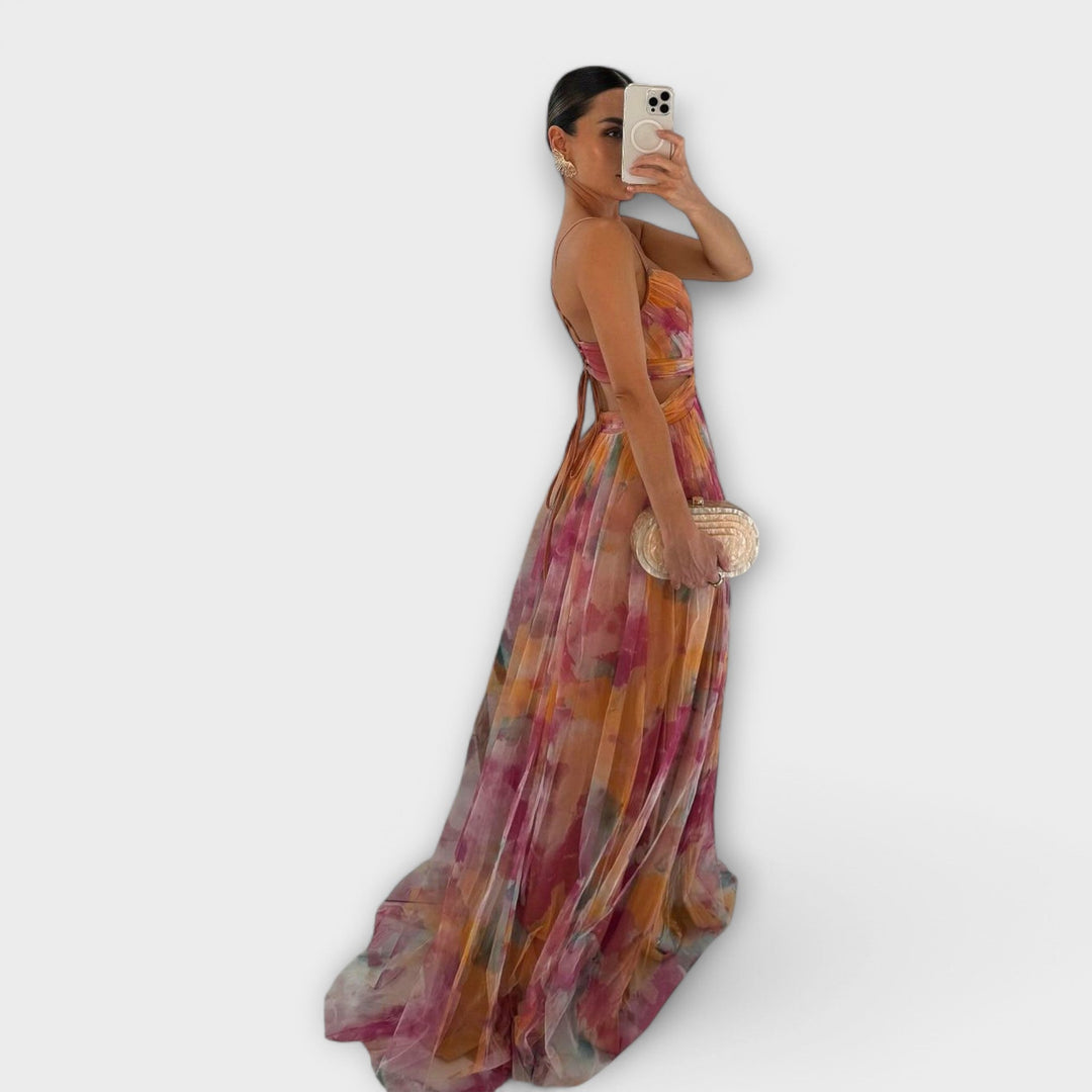 Annai - Maxivestido de malla rosa con estampado de flores