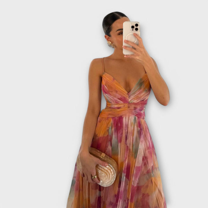 Annai - Maxivestido de malla rosa con estampado de flores