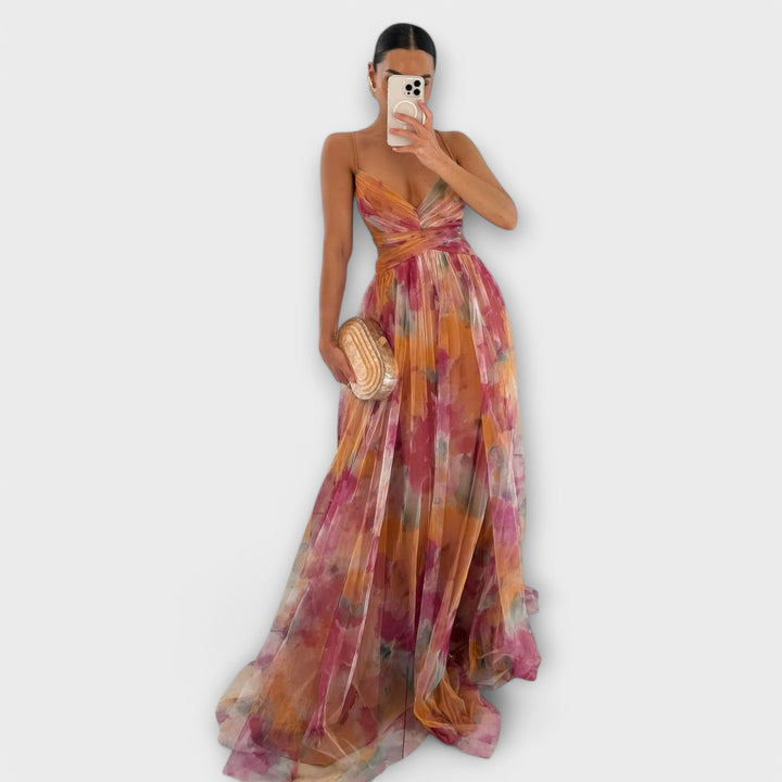 Annai - Maxivestido de malla rosa con estampado de flores