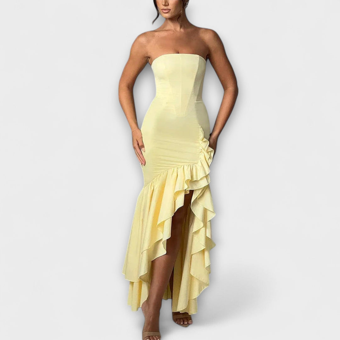 Zuri - Vestido maxí rosa off-shoulder con volantes