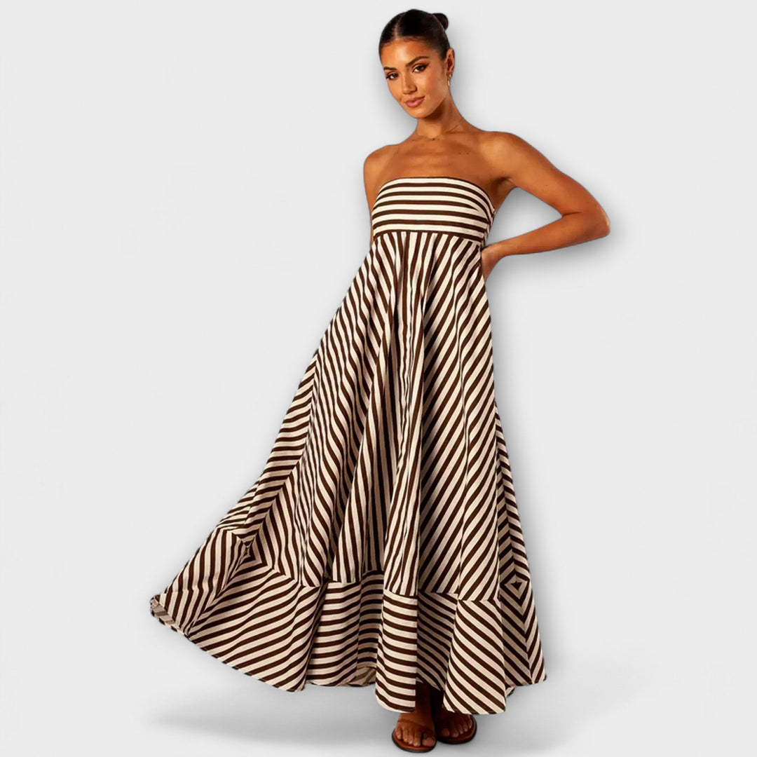 Vestido maxi con volantes a rayas en beige y negro