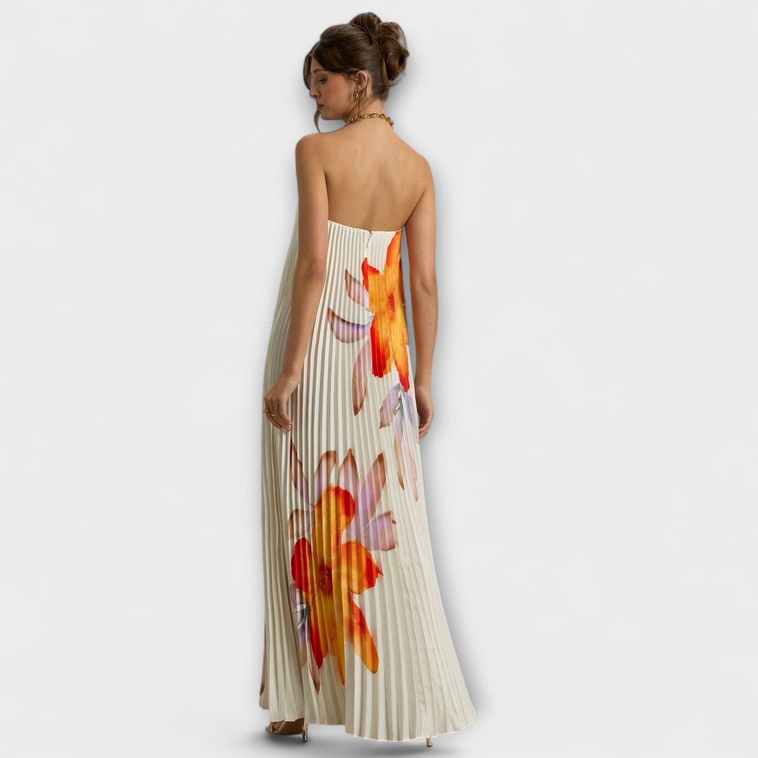 Michelle - Vestido maxilargo color crema con estampado de flores naranjas