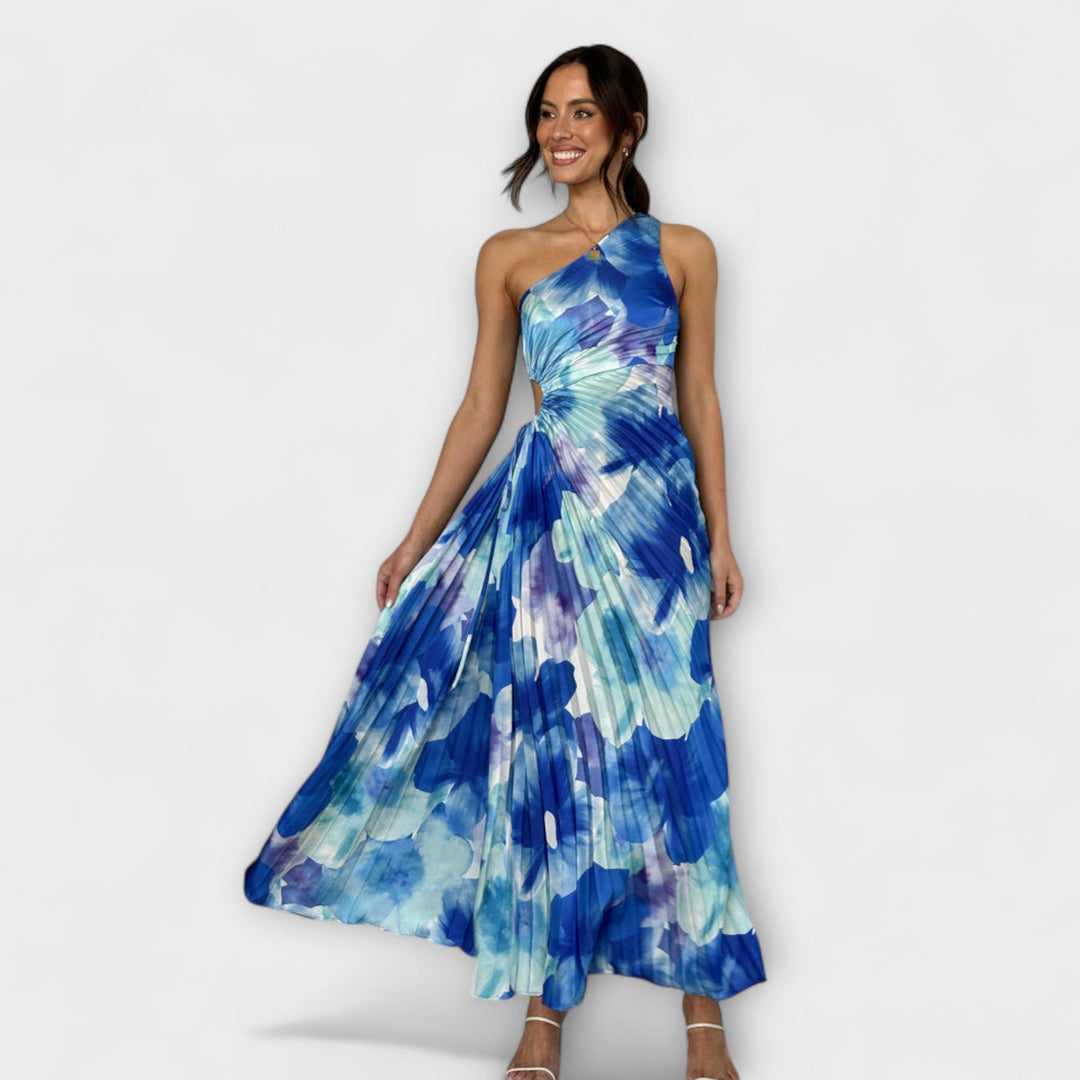 Sienna - Vestido maxí azul con cut-out y estampado de acuarela