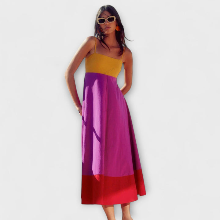 Vestido maxi de bloques de color con tirantes de espagueti