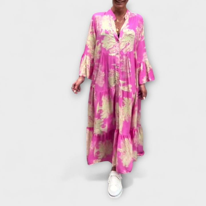 Nerina - Maxivestido beige con estampado de acuarela