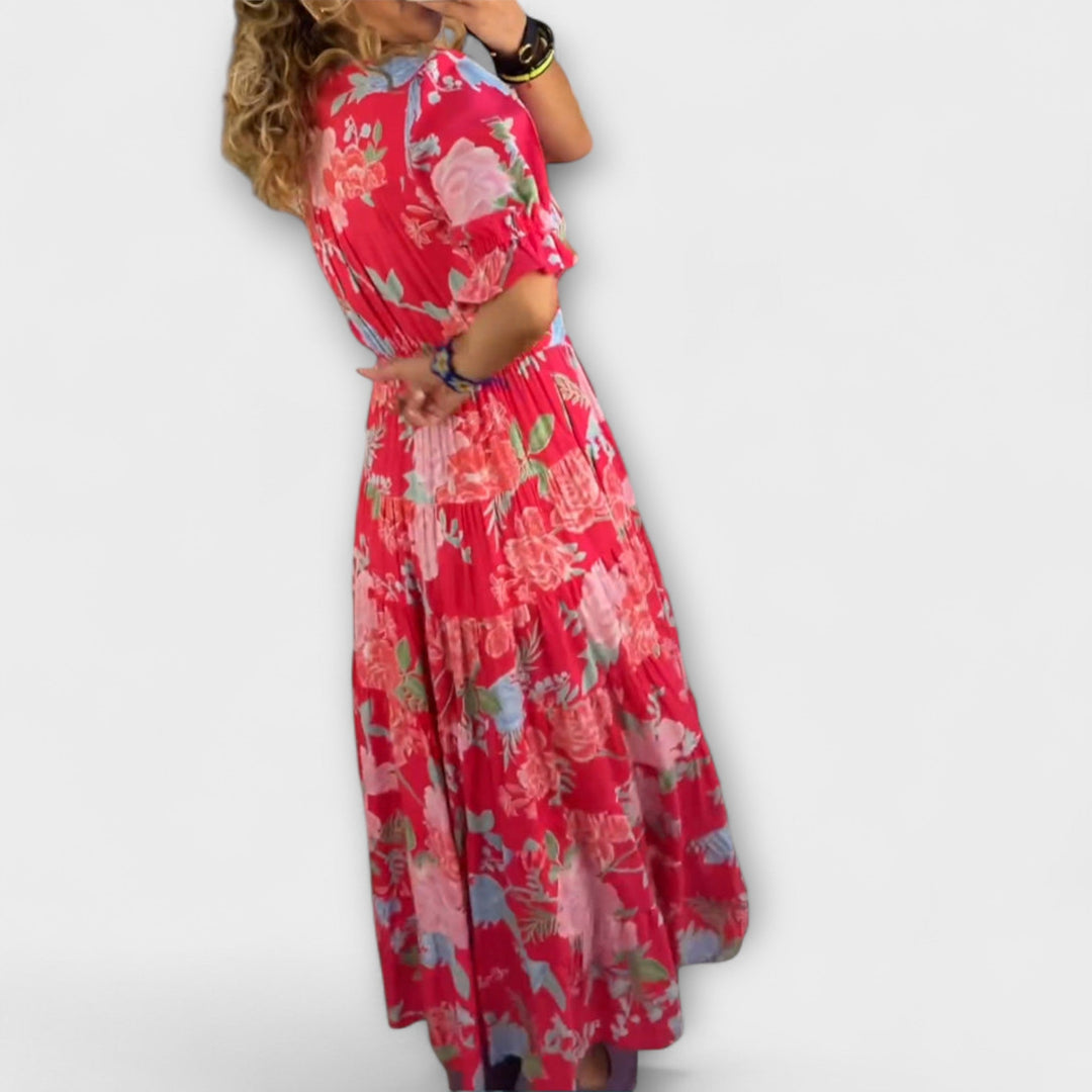 Catrisa - Vestido maxi rojo con estampado de flores y escote en V