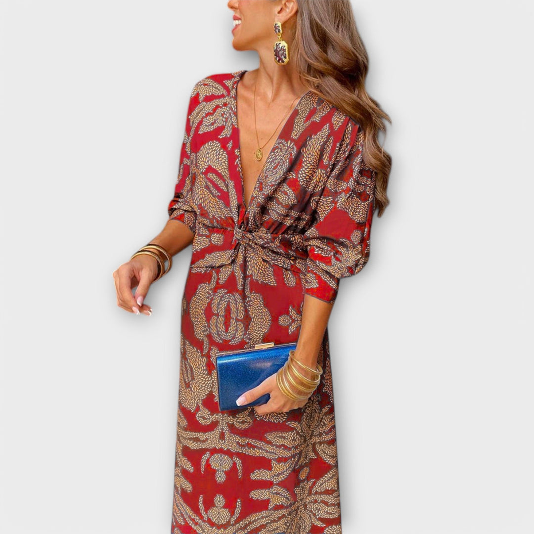Oriana - Vestido azul con estampado dorado