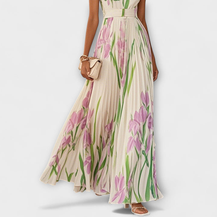 Vestido Maxí de Chifón Floral Plisado en Crema