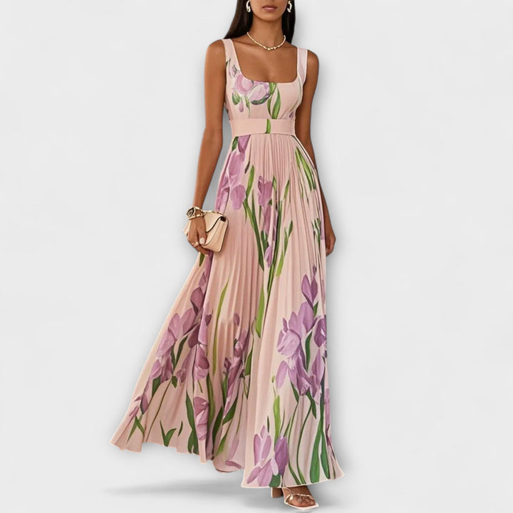 Vestido Maxí de Chifón Floral Plisado en Crema