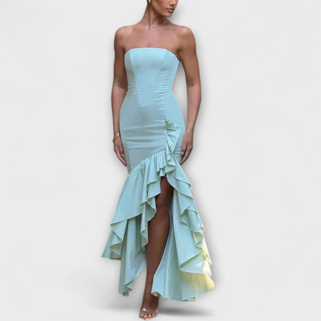 Zuri - Vestido maxí rosa off-shoulder con volantes