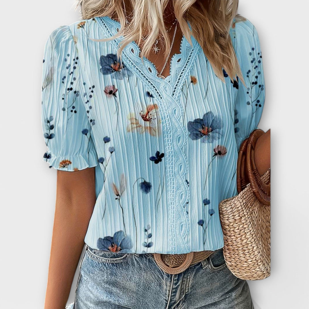 Emily - Blusa rosa con estampado floral y encaje