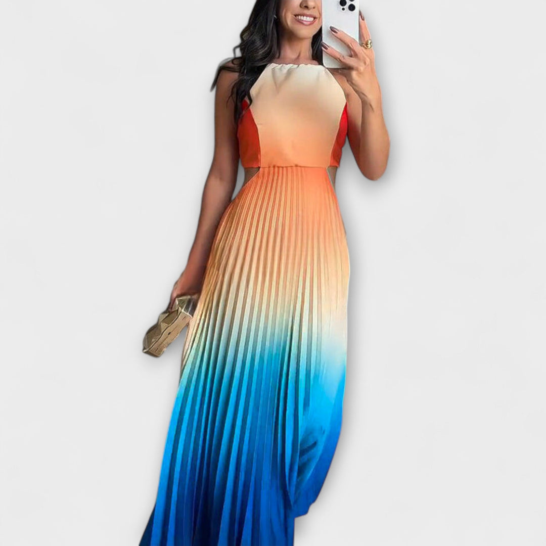 Haven - Vestido maxi plisado en verde y amarillo con degradado
