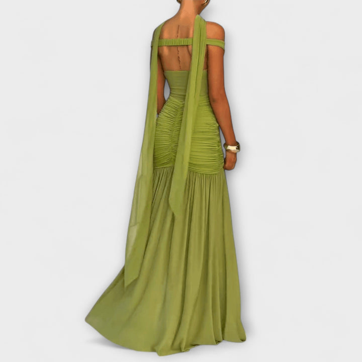 Nicole - Vestido maxi verde oliva con escote en V