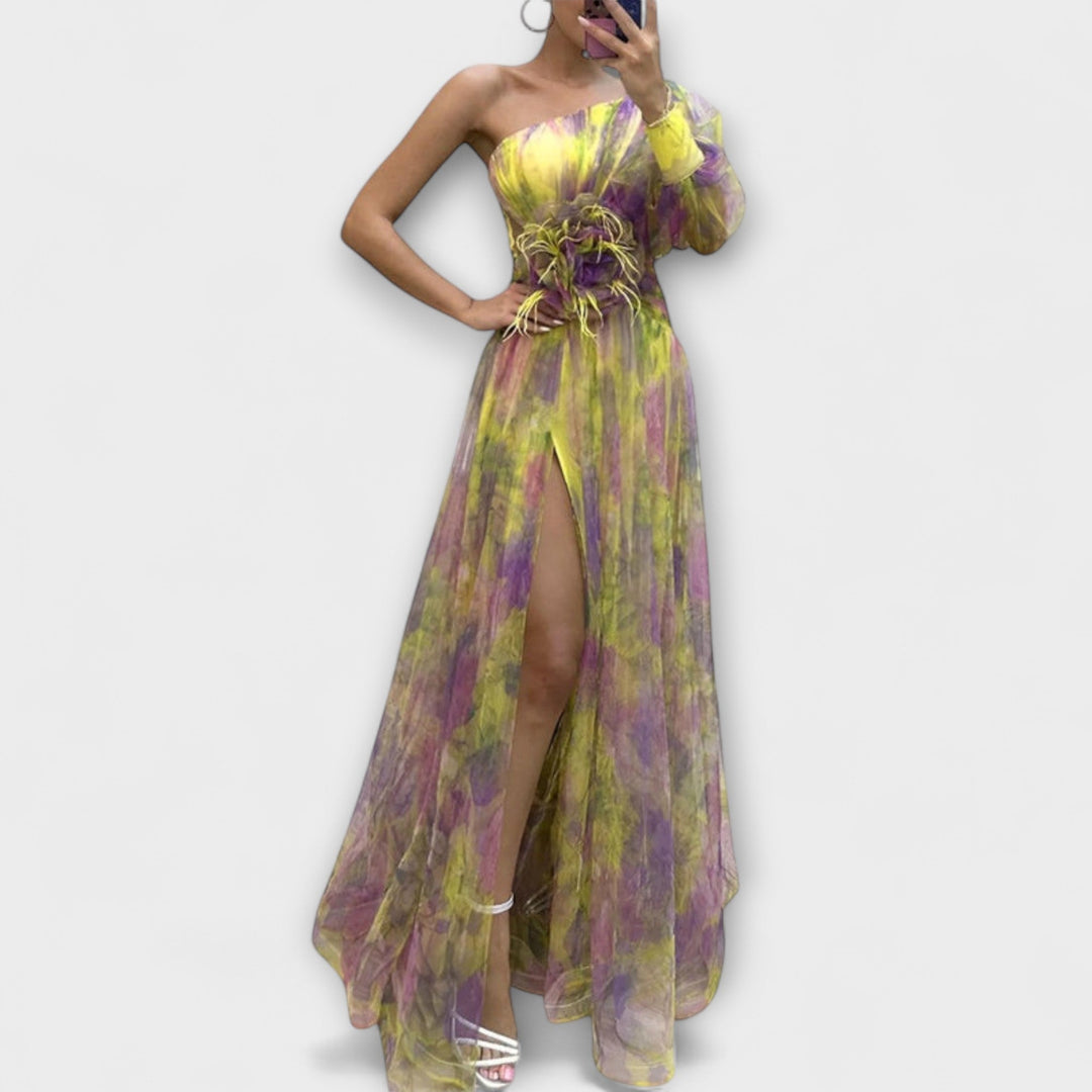 Minna - Vestido maxi asimétrico lila con estampado atractivo