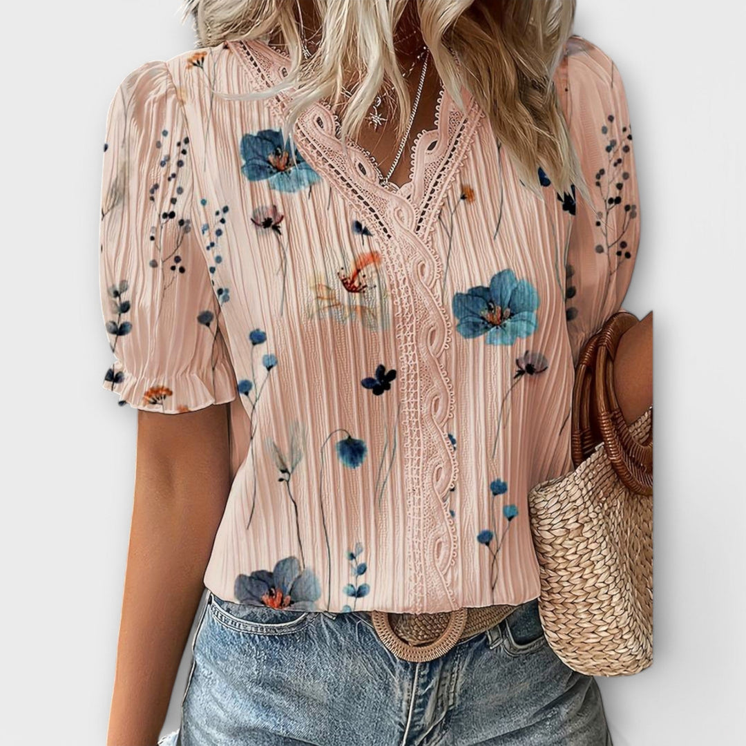 Emily - Blusa rosa con estampado floral y encaje