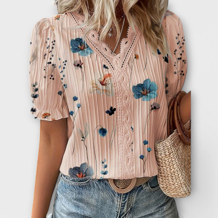 Emily - Blusa rosa con estampado floral y encaje