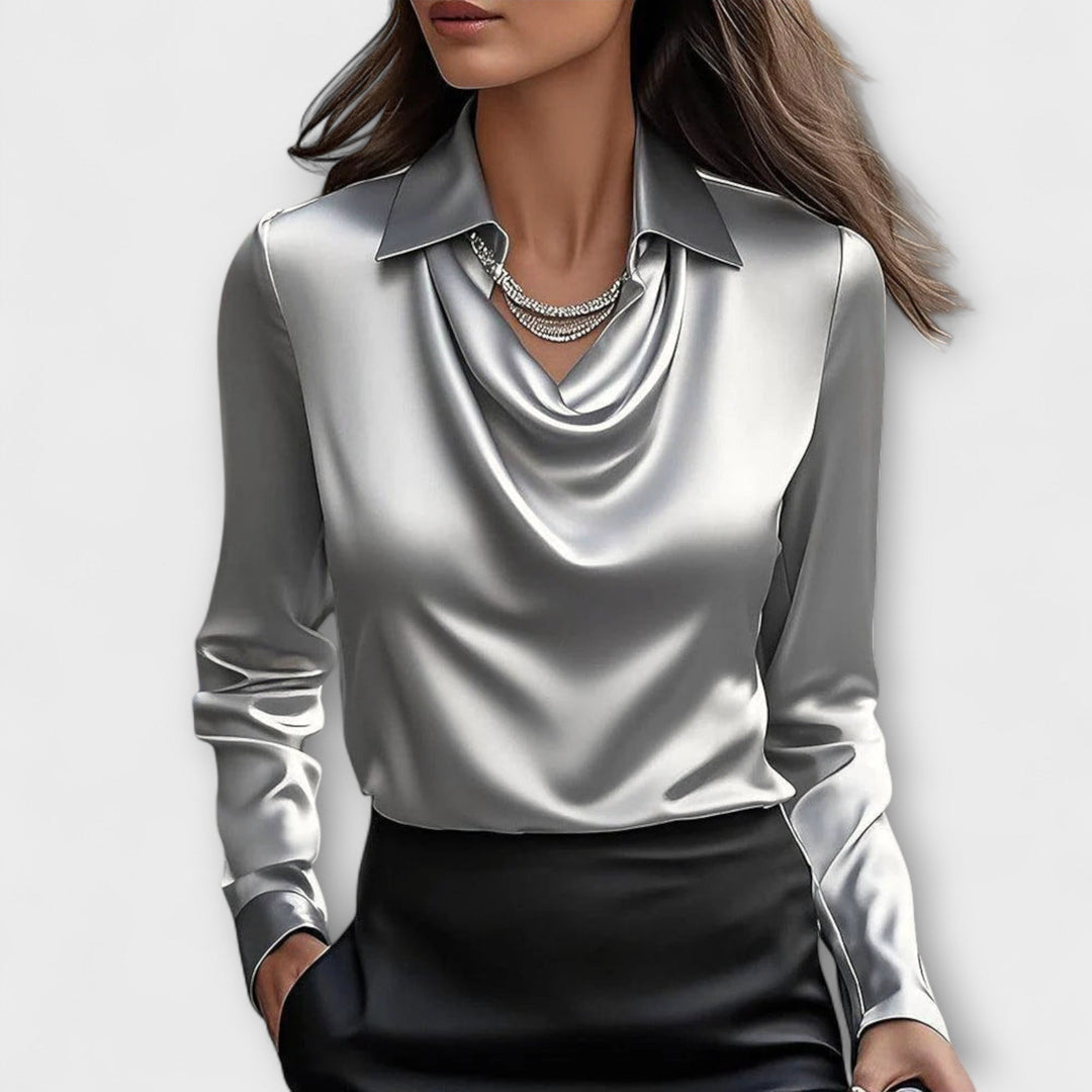 Meli - Blusa brillante color champán con fruncidos