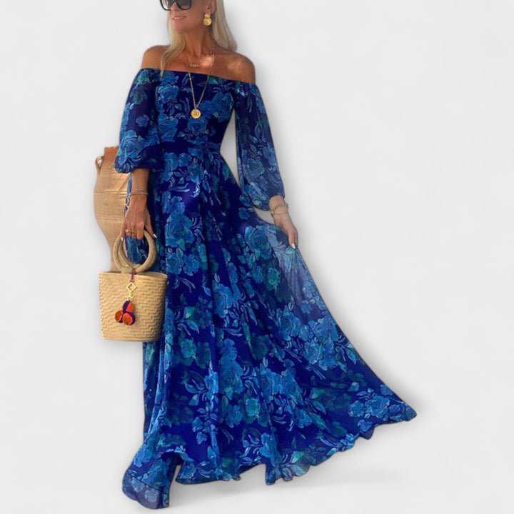 Juniper - Vestido Maxí Off-Shoulder Azul con Estampado Floral