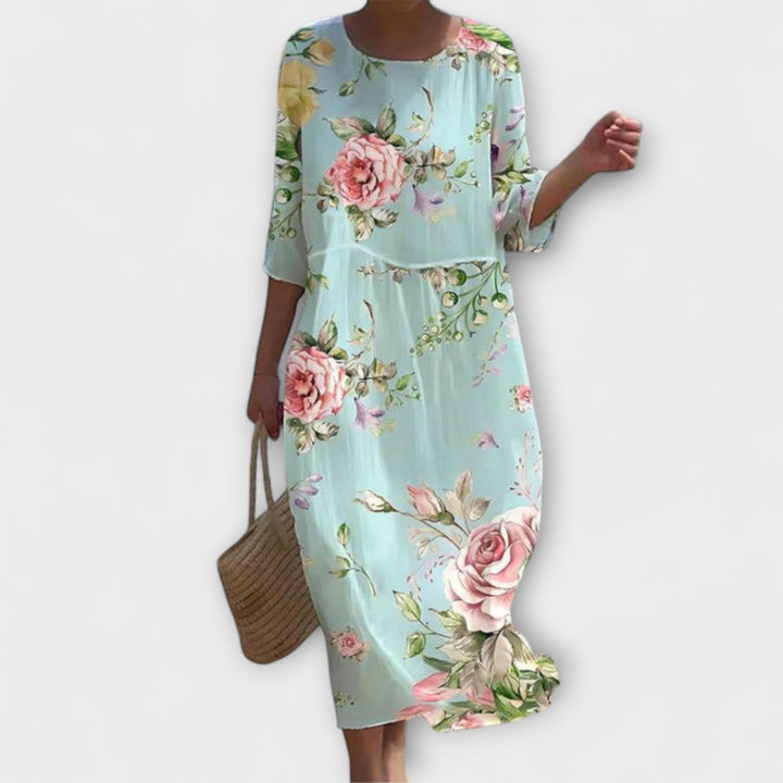 Miranda - Vestido midi verde menta con estampado de rosas