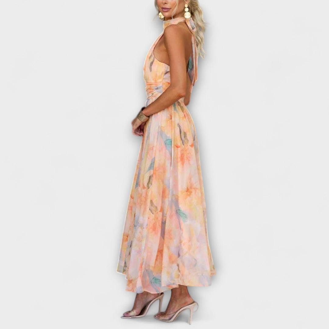 Vestido Maxi de Tirantes Colorido con Estampado Acuarelado y Espalda Descubierta