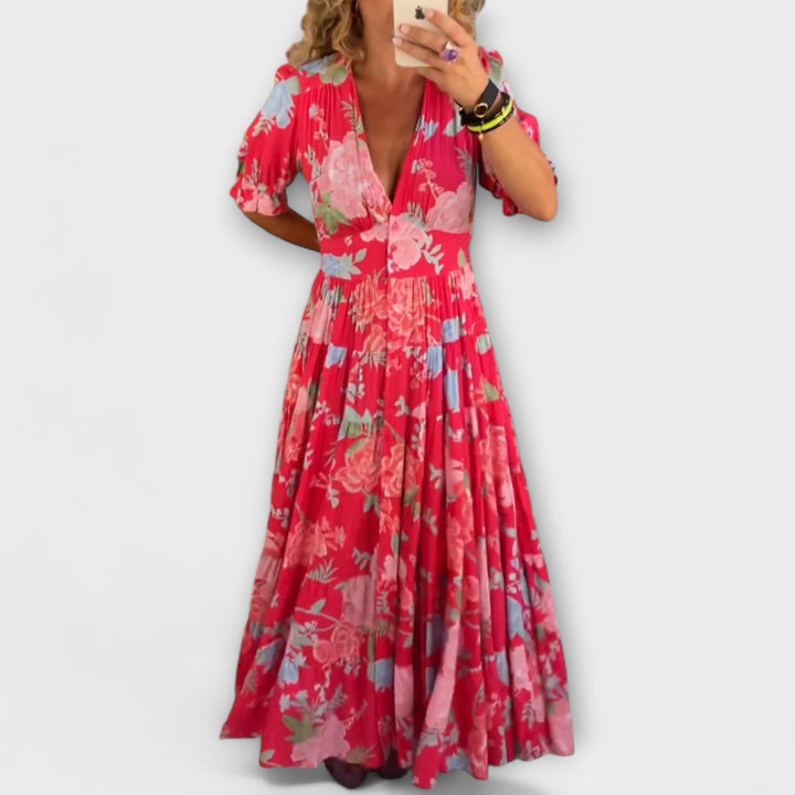 Catrisa - Vestido maxi rojo con estampado de flores y escote en V