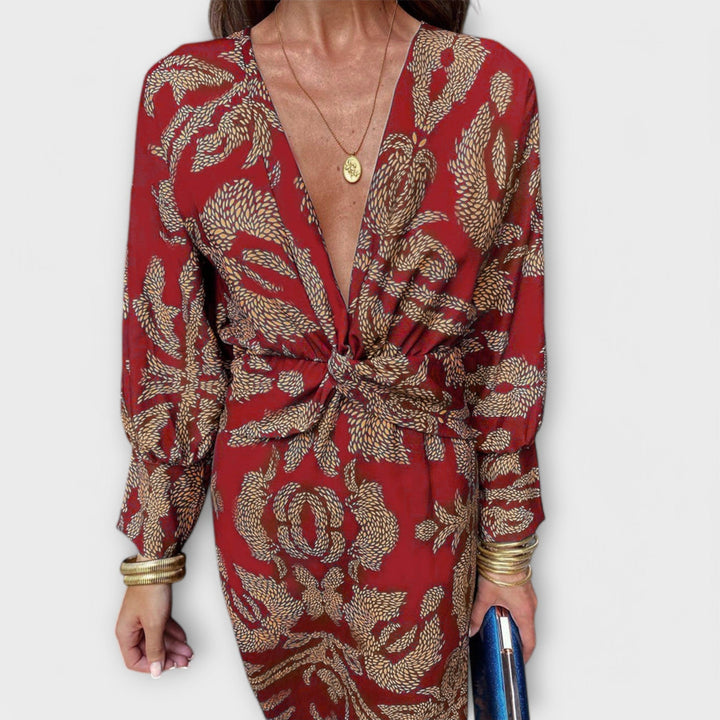 Oriana - Vestido azul con estampado dorado