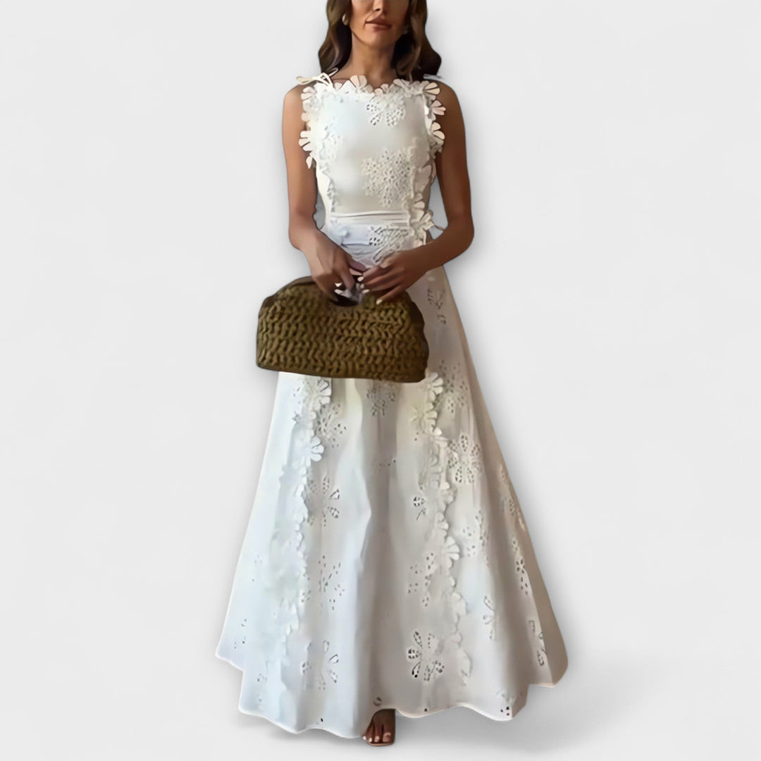Éliora - Vestido maxi blanco con estampado de flores de encaje