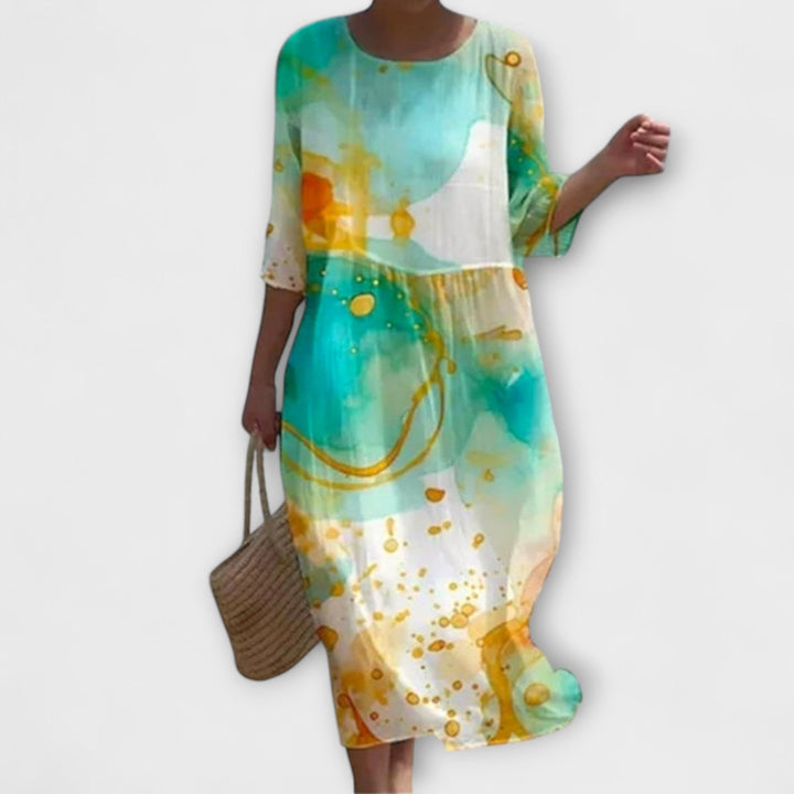 Miranda - Vestido midi verde menta con estampado de rosas