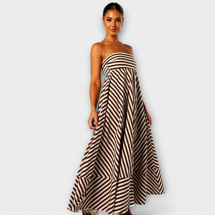 Vestido maxi con volantes a rayas en beige y negro