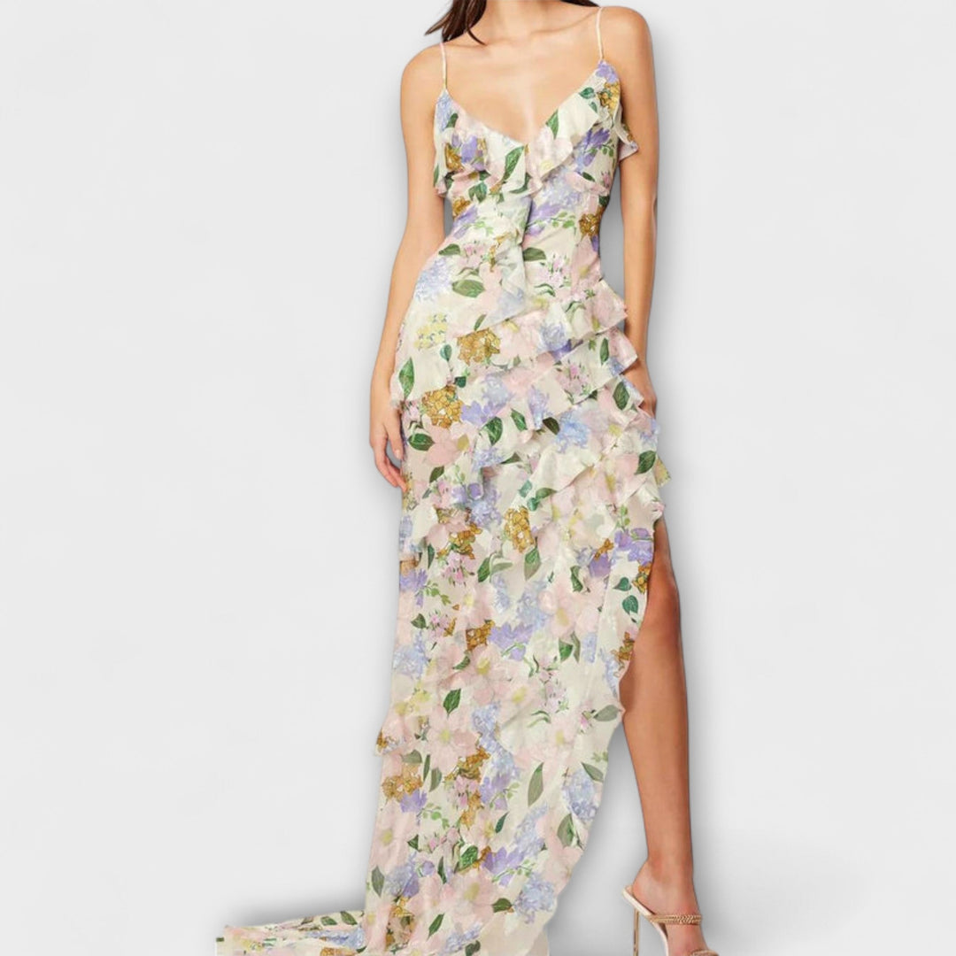 Indie - Vestido maxi colorido con estampado floral y volantes