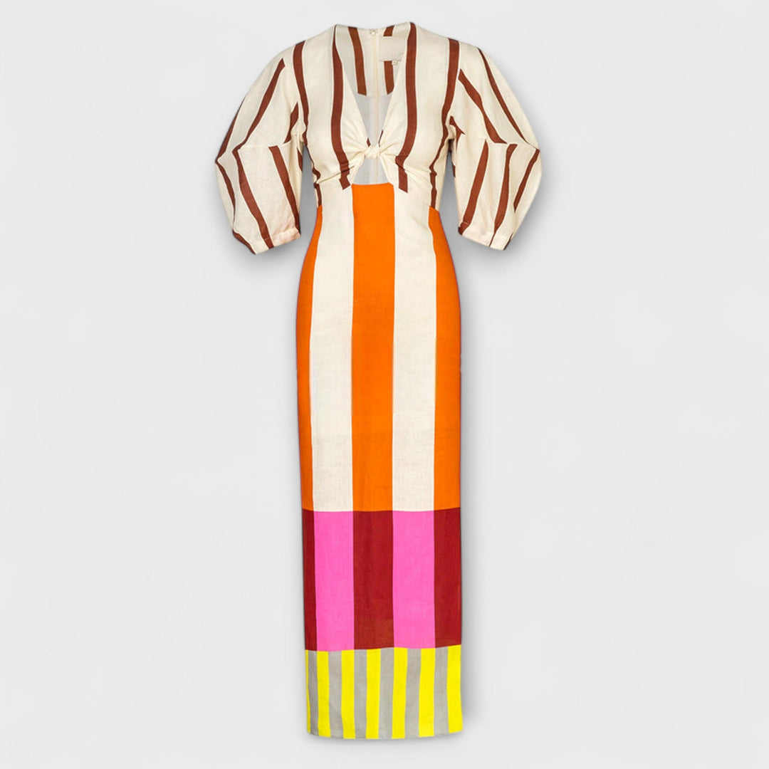 Kaya - Vestido maxí colorido con bloques y mangas abullonadas