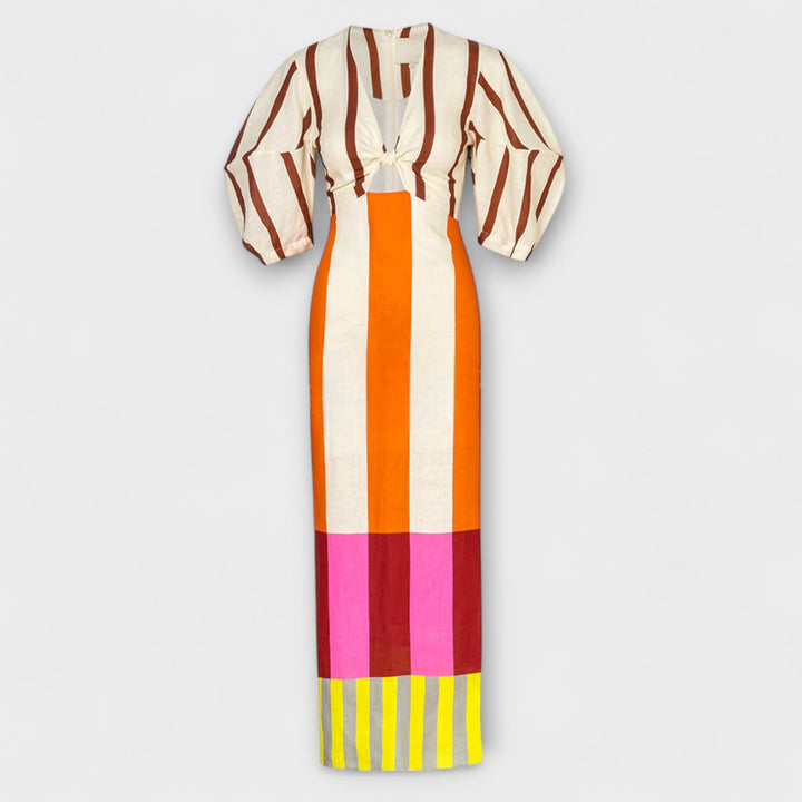 Kaya - Vestido maxí colorido con bloques y mangas abullonadas