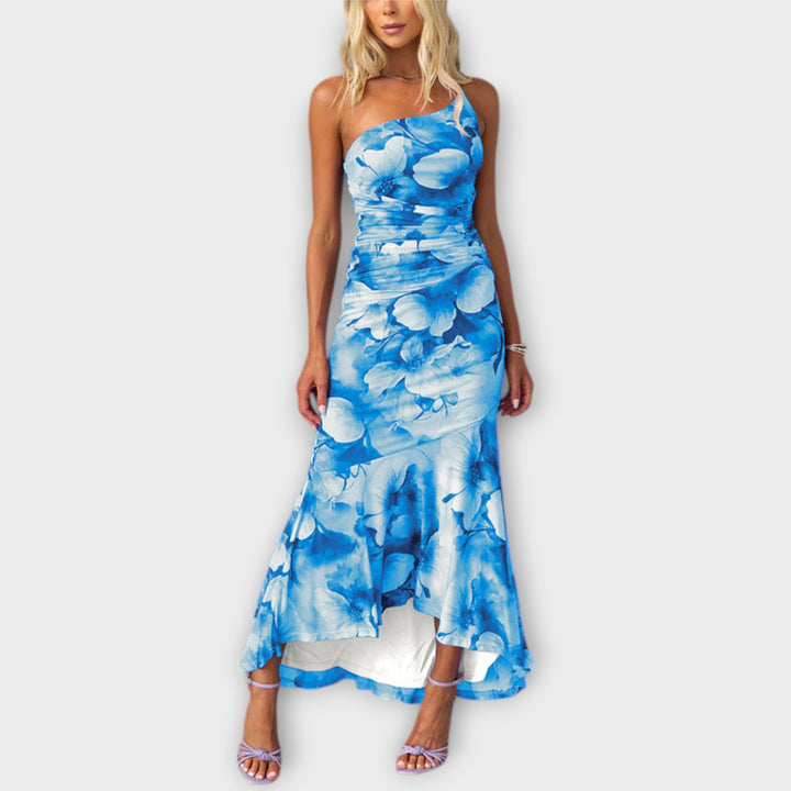 Pia - Vestido maxi lila con estampado floral y fruncido