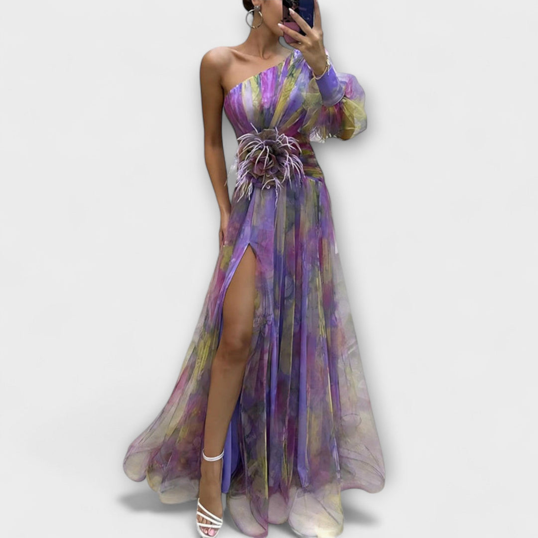 Minna - Vestido maxi asimétrico lila con estampado atractivo