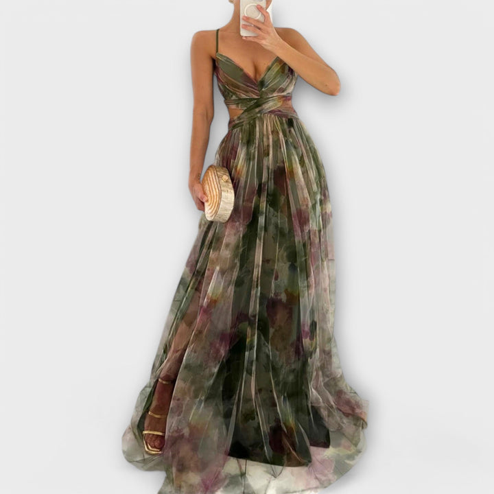 Annai - Maxivestido de malla rosa con estampado de flores