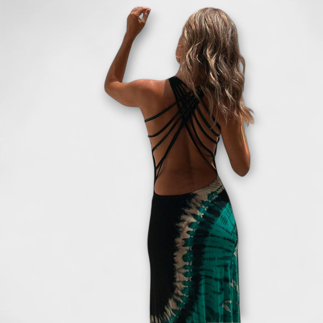 Livia - Vestido maxilargo tie-dye en negro y verde